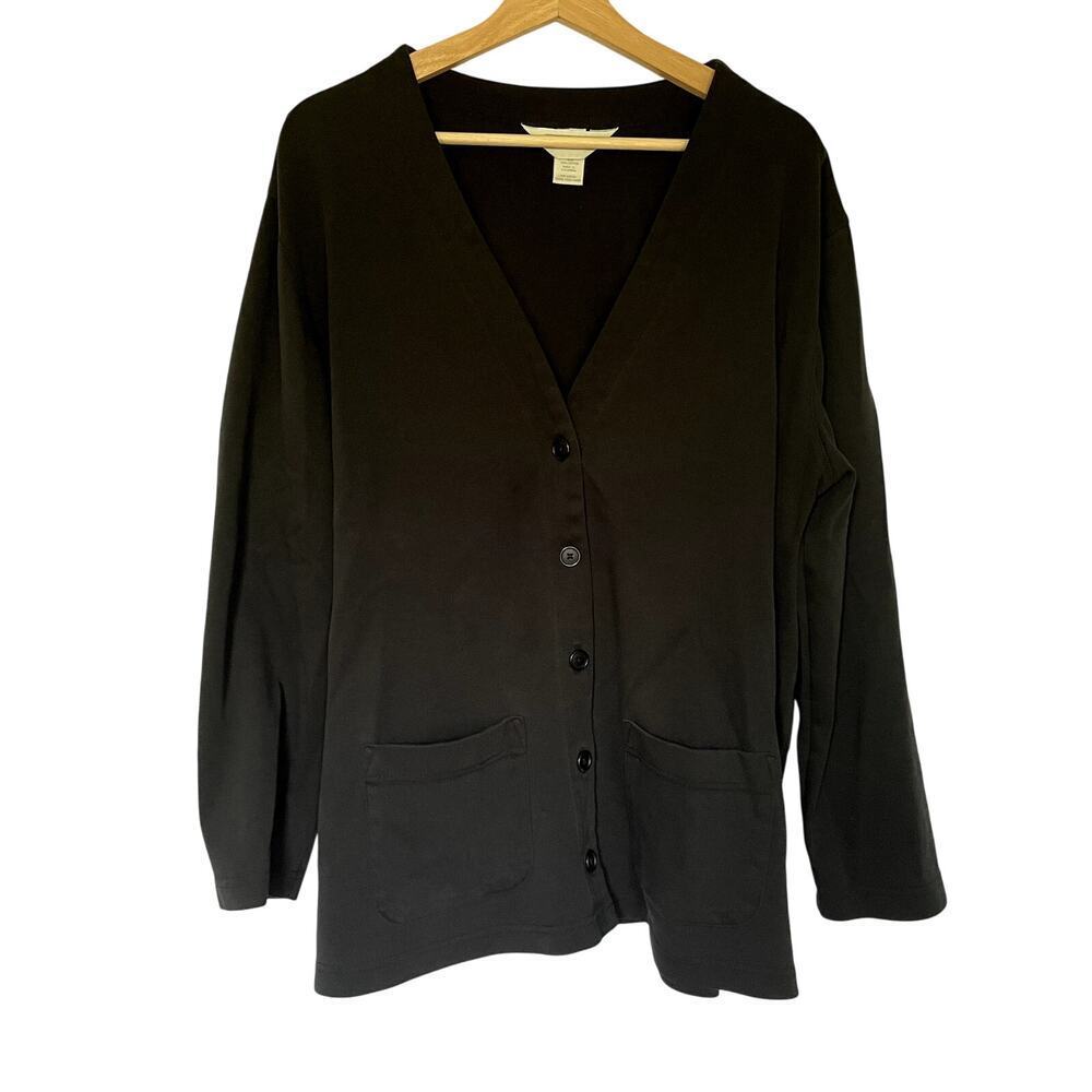 Lands' End V-Neck Cardigan Sweater XL 18-20 Black Women Cotton Pocket